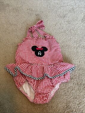 Red Gingham 4 toddler Swim One-Piece with Minnie Patch